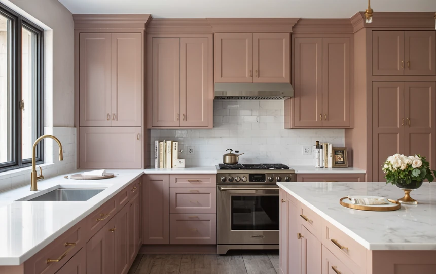 Modern elegant kitchen with muted dusty blush pink cabinets, aged brass hardware and white countertops