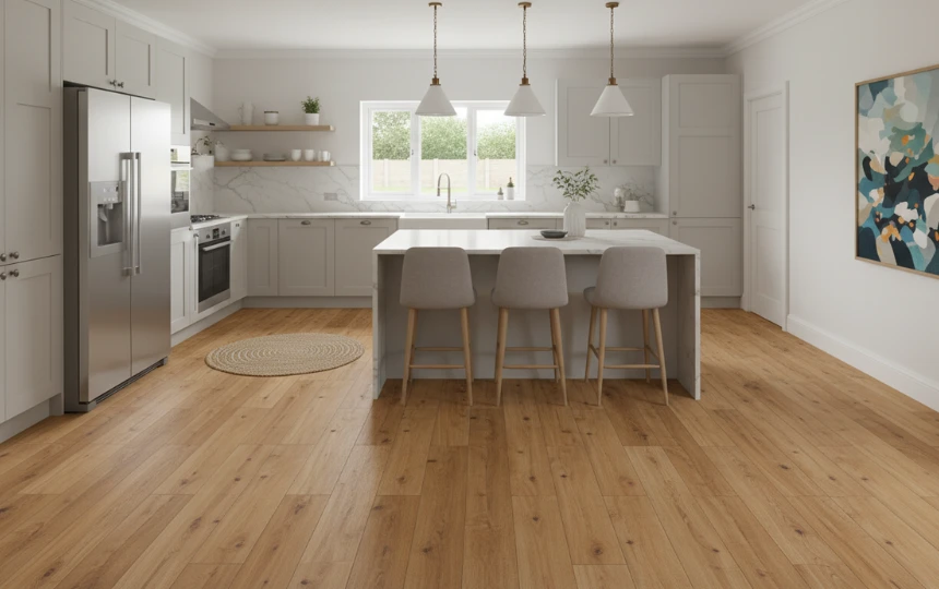 Modern family kitchen with high quality luxury vinyl plank flooring in realistic oak wood effect