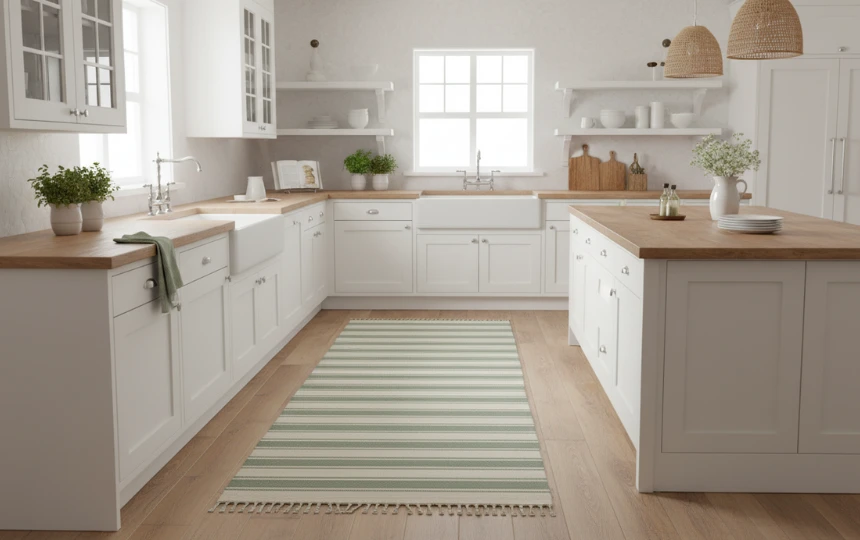 Modern farmhouse kitchen with classic navy and cream striped cotton runner rug along sink and counter area