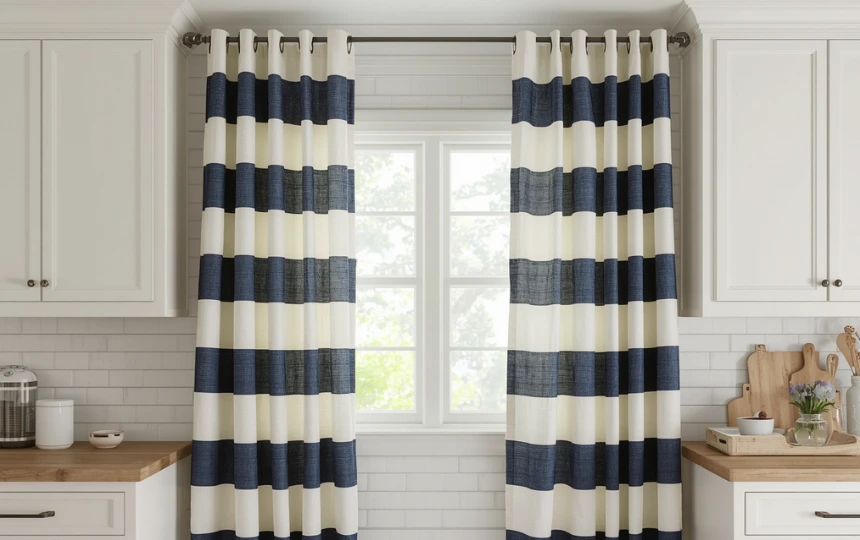 Modern farmhouse kitchen with classic navy and white striped cotton curtains at window length with bright natural light