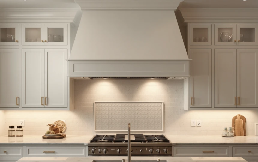 Modern farmhouse kitchen with large custom tapered plaster range hood as architectural focal point