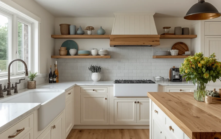 Modern farmhouse white kitchen with cream shaker cabinets, apron sink, open shelves and butcher block island