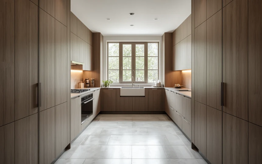 Modern galley kitchen with floor-to-ceiling handleless cabinets both sides, large end window and large format floor tiles