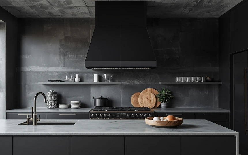 Modern industrial kitchen with dramatic matte blackened steel chimney range hood as bold architectural statement