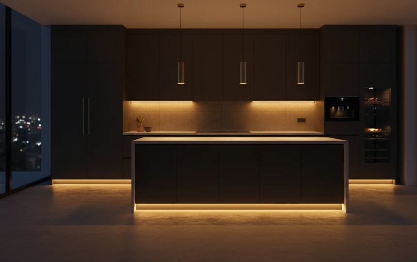 Modern kitchen at night with warm toe-kick LED lighting making cabinets appear to float above floor