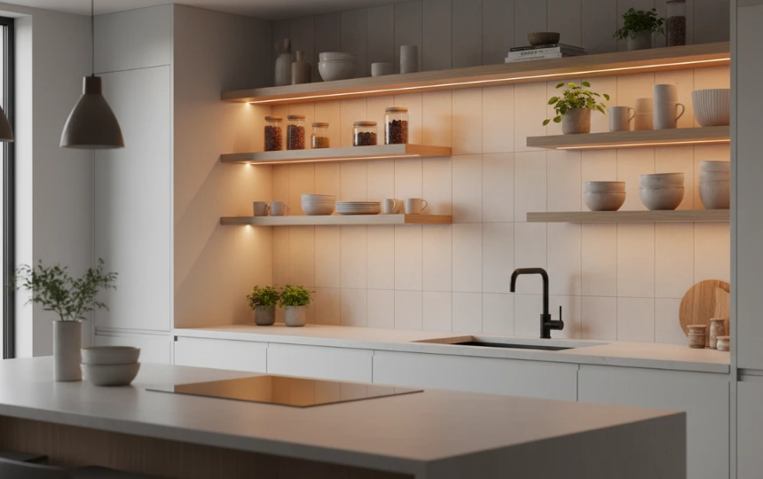 Modern kitchen floating oak shelves with integrated LED strips under each shelf edge creating warm downward glow