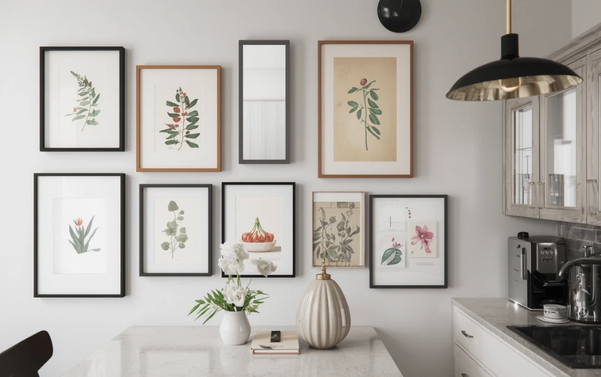 Modern kitchen gallery wall with mix of botanical prints, abstract art and small mirror in consistent black frames