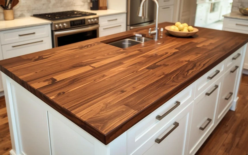 Modern kitchen island with walnut end-grain butcher block countertop contrasting white perimeter stone surfaces