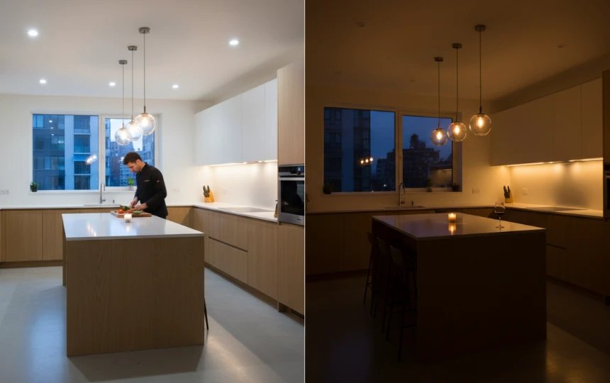 Modern kitchen shown in two modes - full task lighting for cooking and warm dimmed atmosphere for evening