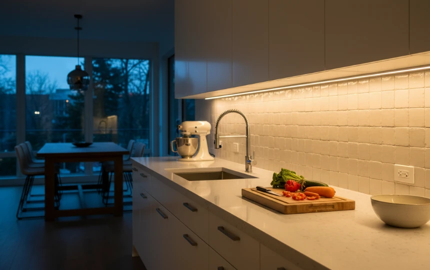 Modern kitchen under-cabinet LED strip lighting illuminating countertop and zellige tile backsplash in warm glow