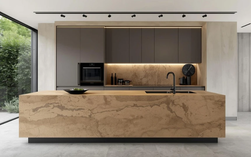 Modern kitchen with Dekton sintered stone countertop in warm sand tone with ultra-thin sleek profile