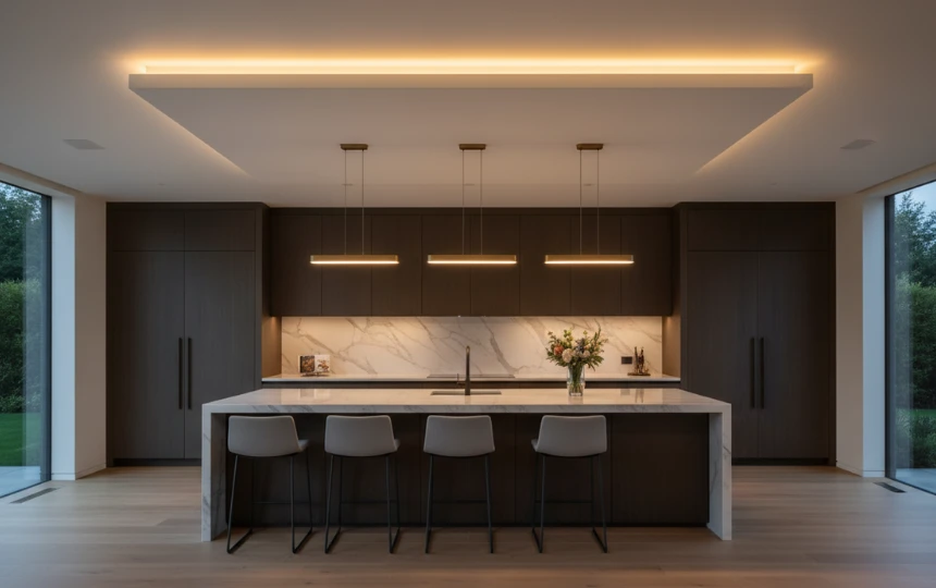 Modern kitchen with architectural ceiling coffer and hidden warm cove LED lighting defining the island zone