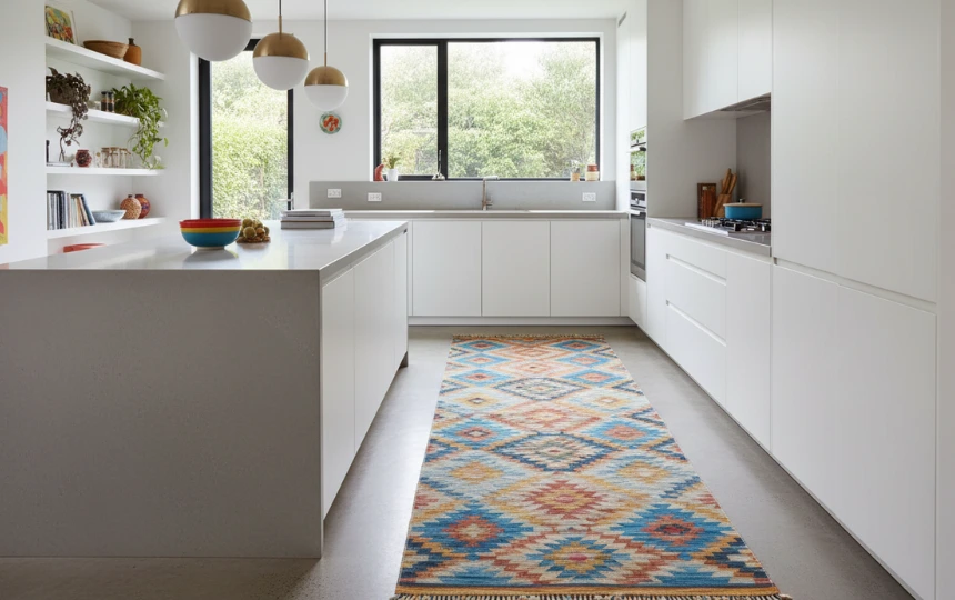 Modern kitchen with bold blue and terracotta geometric patterned runner rug between island and cabinets
