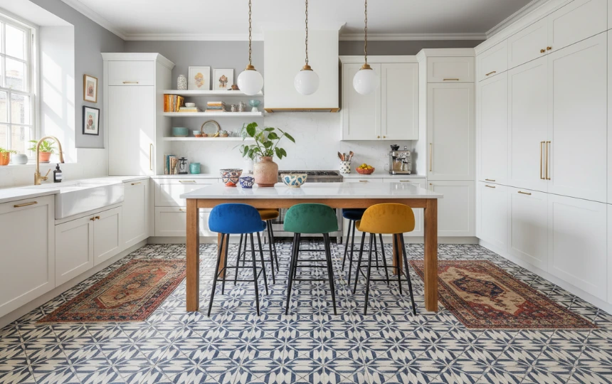 Modern kitchen with bold blue and white geometric encaustic cement floor tiles as the design hero