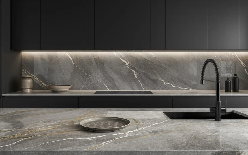Modern kitchen with book-matched porcelain slab countertop extending as full height backsplash with dramatic veining