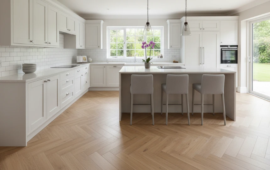 Modern kitchen with classic herringbone pattern light oak floor and white shaker cabinets