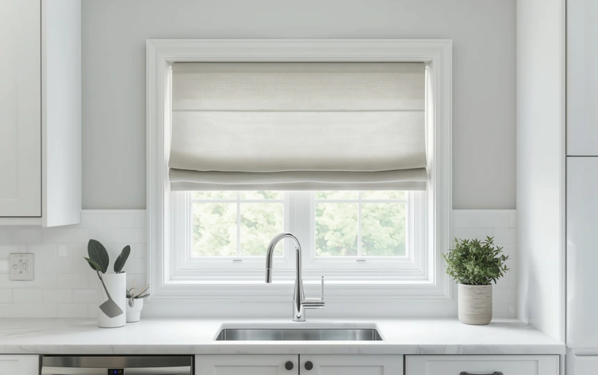 Modern kitchen with clean flat Roman shade in sage linen mounted inside window recess with clean contemporary look
