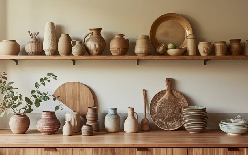 Modern kitchen with curated handmade ceramic vases, plates and jugs displayed on shelf creating artisanal wall decor