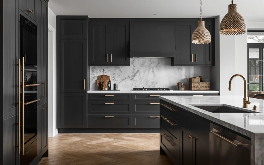 Modern kitchen with deep charcoal grey matte cabinets, brass hardware and white quartz countertops