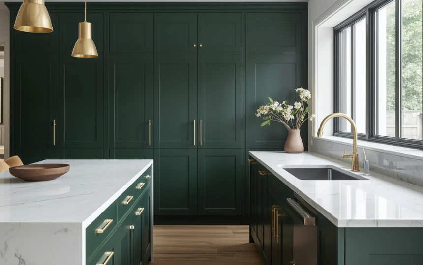 Modern kitchen with deep hunter forest green cabinets, unlacquered brass pulls and white quartz countertops