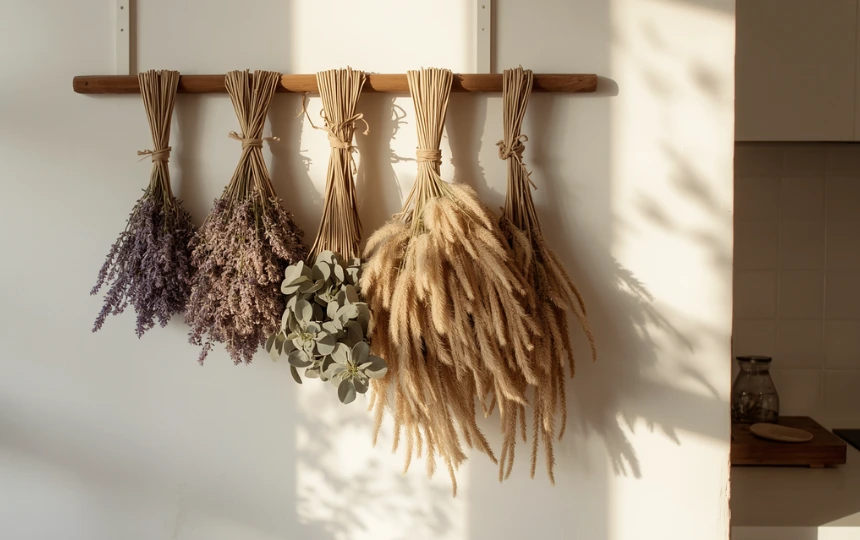 Modern kitchen with dried lavender, eucalyptus and pampas grass hanging from wall dowel as natural botanical wall decor