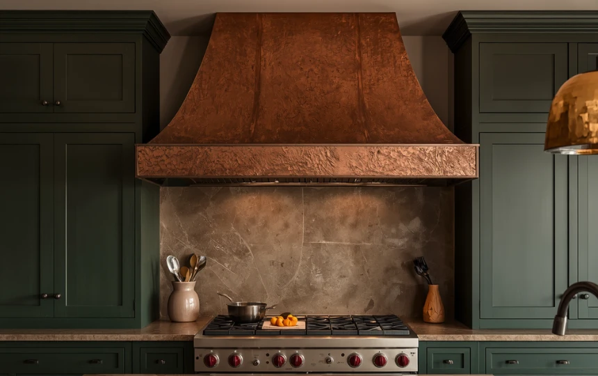 Modern kitchen with hand-hammered copper range hood developing natural warm patina above professional range