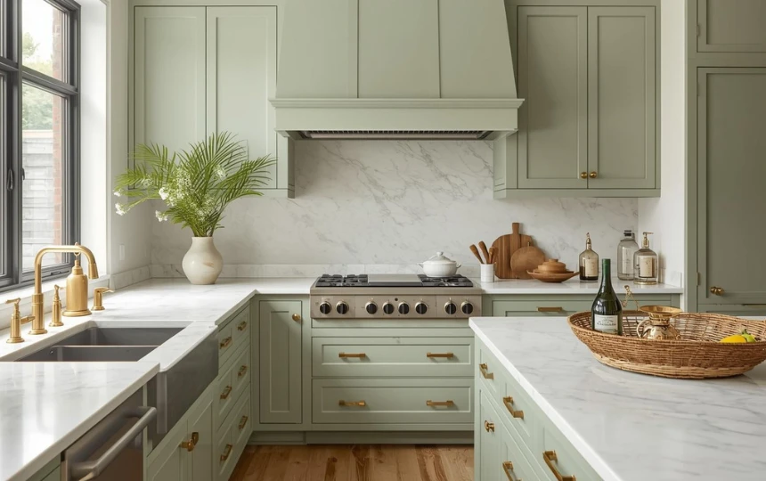 Modern kitchen with honed Carrara marble countertops and sage green cabinetry with brass hardware