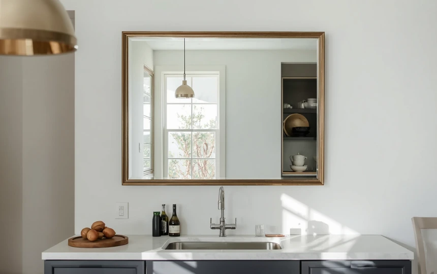 Modern kitchen with large antique-style brass framed mirror on blank wall reflecting light and doubling visual space