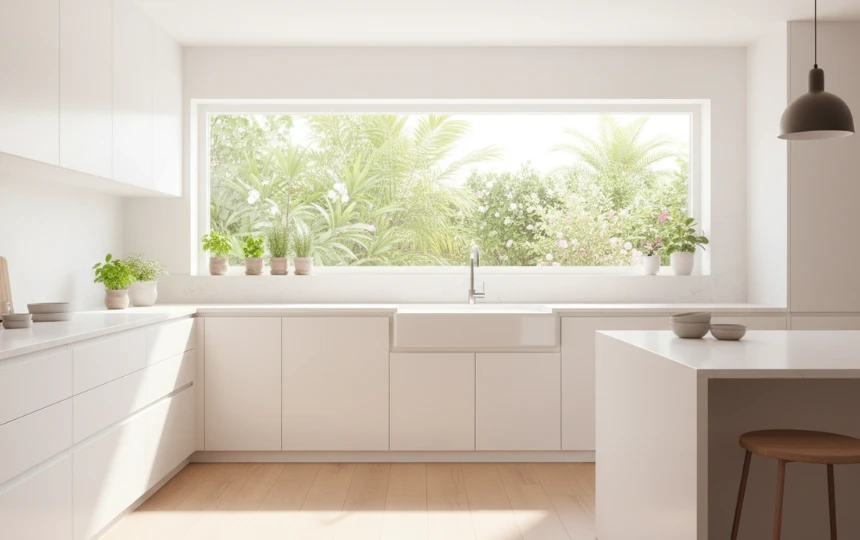 Modern kitchen with large picture window above sink flooding space with natural daylight and garden view