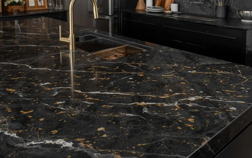 Modern kitchen with leathered dark black granite countertops showing gold and white mineral flecks