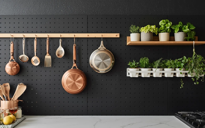 Modern kitchen with matte black pegboard wall holding copper pots, utensils and small herb pots