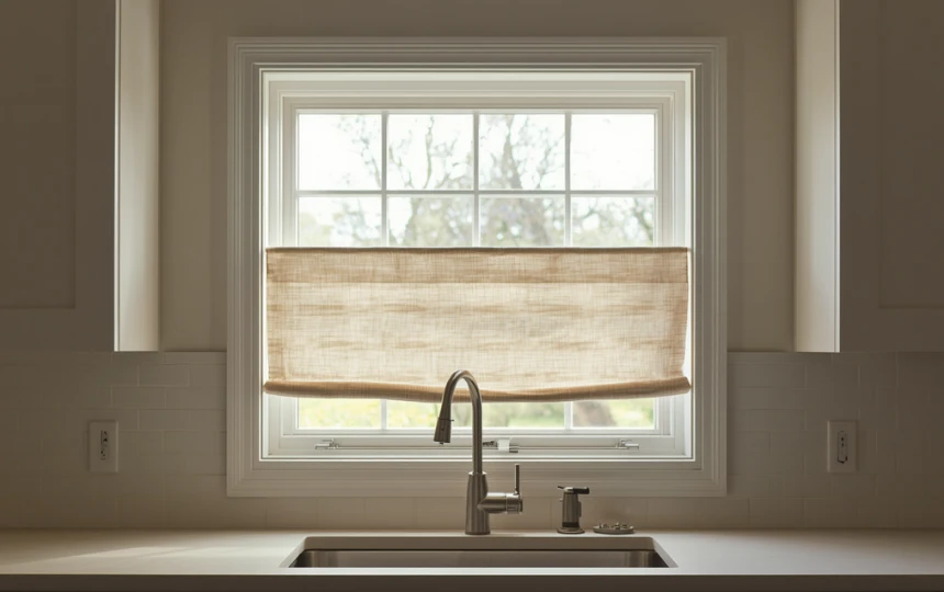 Modern kitchen with natural linen cafe curtains covering lower half of window above sink with bare glass above