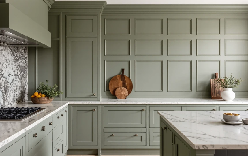 Modern kitchen with painted sage green architectural panel moulding on feature wall matching cabinetry color