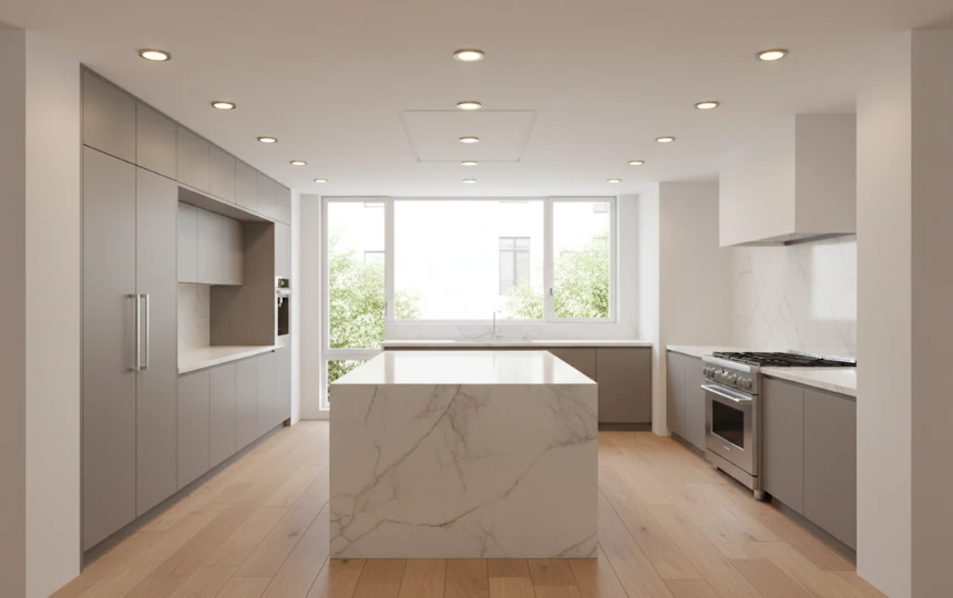 Modern kitchen with precisely planned 4-inch recessed LED downlight grid positioned over work zones