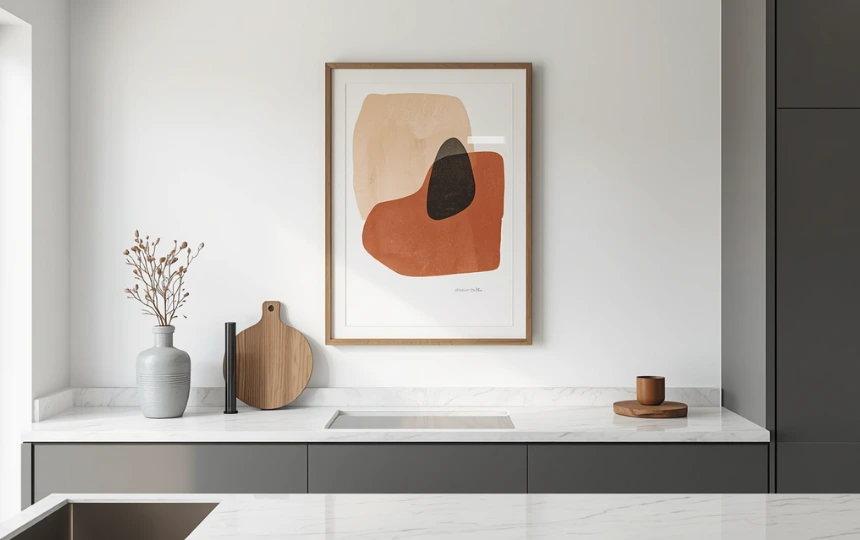 Modern kitchen with single large abstract art print in warm tones hung confidently on kitchen wall