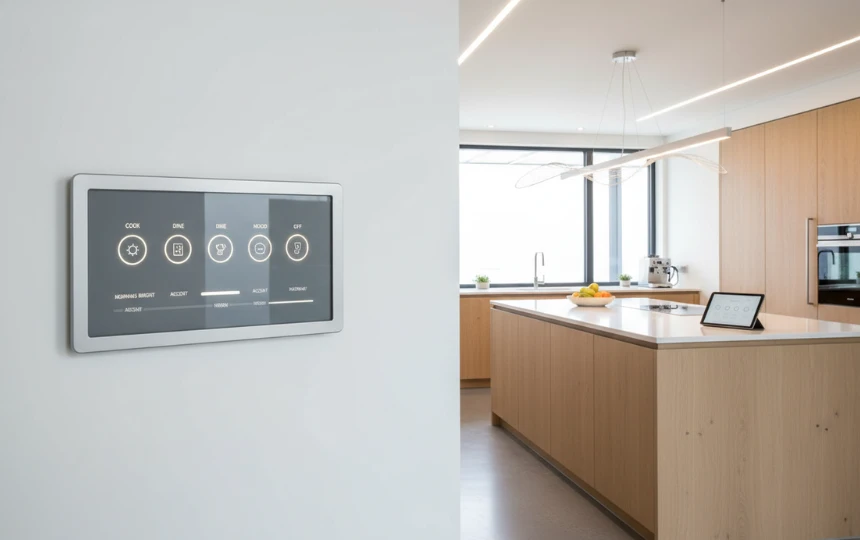 Modern kitchen with sleek smart lighting control keypad showing scene presets for different times of day