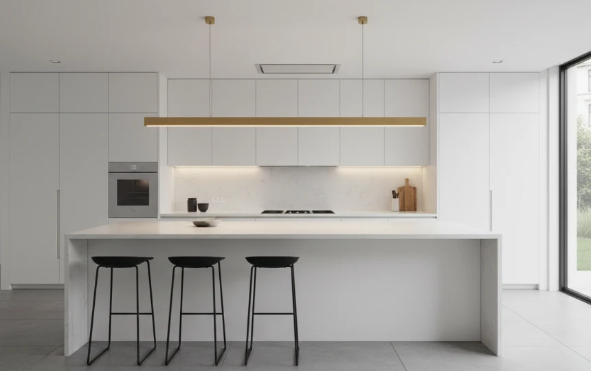 Modern kitchen with slim architectural linear LED suspension light over island in brushed brass finish