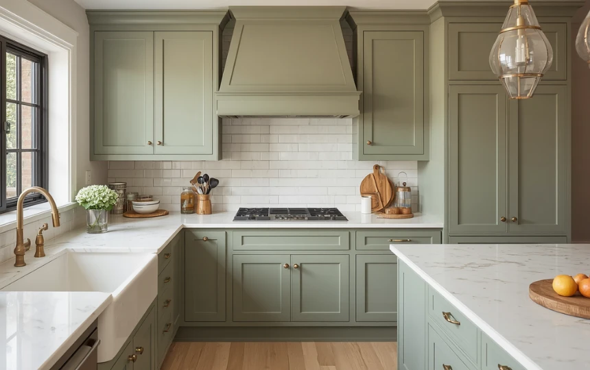 Modern kitchen with soft sage green cabinets, aged brass cup pulls and white countertops in warm farmhouse style