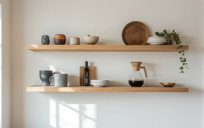 Modern kitchen with thick floating oak open shelves styled with ceramics, coffee equipment and trailing plant