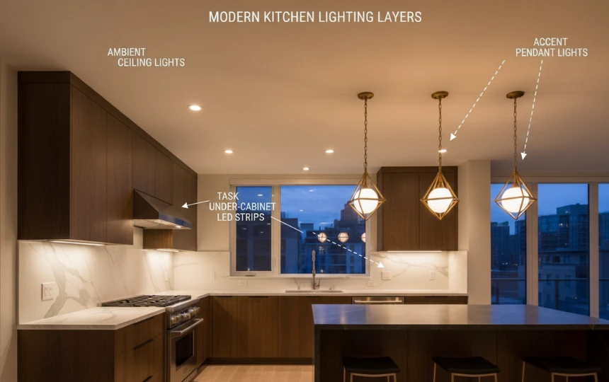 Modern kitchen with three distinct lighting layers showing ambient recessed lights, task under-cabinet LEDs and accent pendants