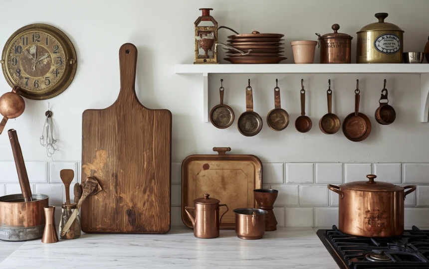 Modern kitchen with vintage cutting board, enamel tin and copper measures as wall decor creating characterful display