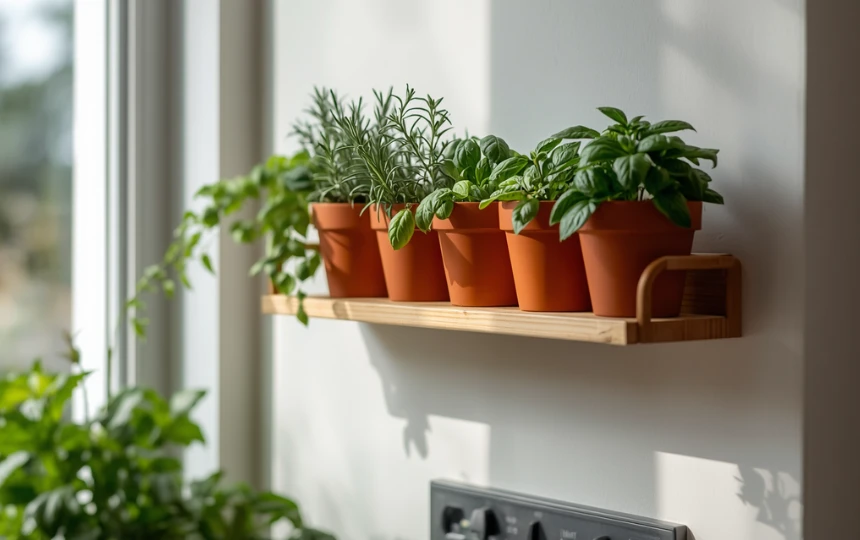 Modern kitchen with wall-mounted herb garden in terracotta pots on wooden rail system with fresh rosemary and basil