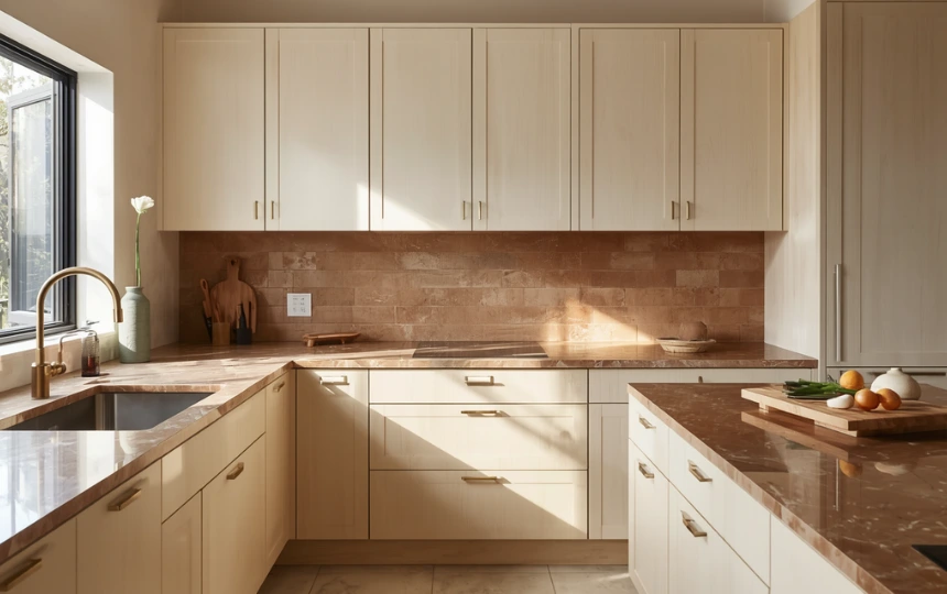 Modern kitchen with warm off-white linen toned cabinets, aged brass hardware and handmade clay backsplash