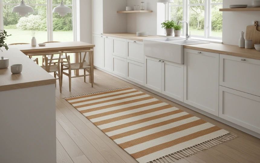 Modern kitchen with washable cotton flatweave rug in cream and natural tones in front of sink