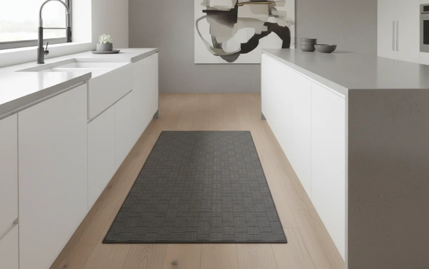 Modern kitchen with well-designed anti-fatigue standing mat in dark grey in front of sink as intentional design choice