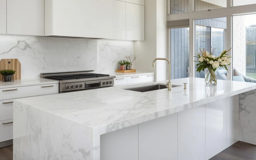 Modern kitchen with white Calacatta quartz countertops with subtle veining and waterfall island edge