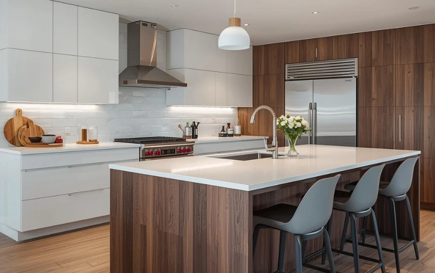 Modern kitchen with white quartz perimeter countertops and warm walnut butcher block island showing mixed materials