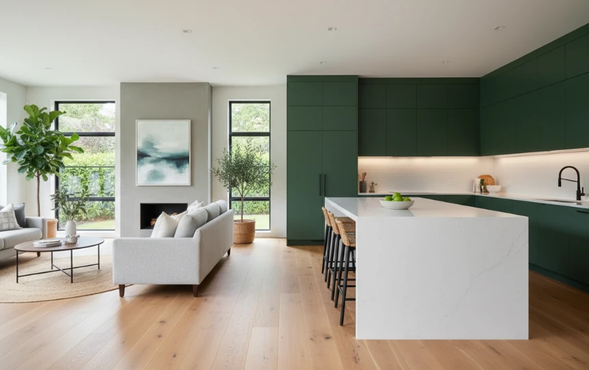 Modern kitchen with wide plank solid white oak hardwood floors and dark green cabinetry