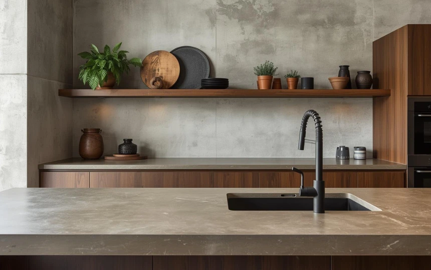 Modern loft kitchen with custom concrete countertops and integrated concrete sink in warm grey tone