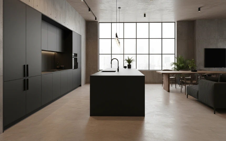 Modern loft kitchen with smooth polished concrete floor flowing seamlessly into open-plan living area